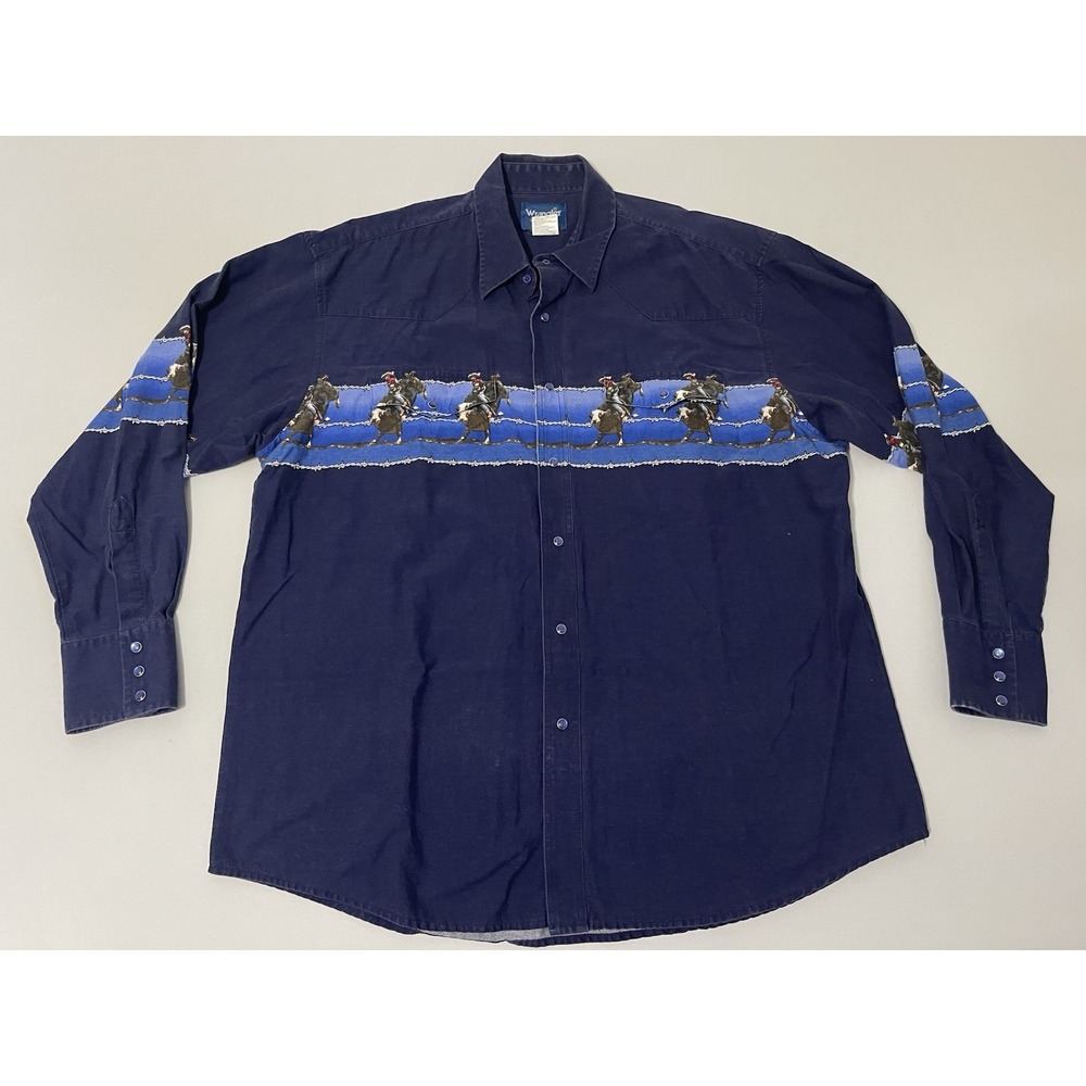 Wrangler Western Pearl Snap Shirt Rodeo Shirt XXL Men's Navy VTG Barbwire‎